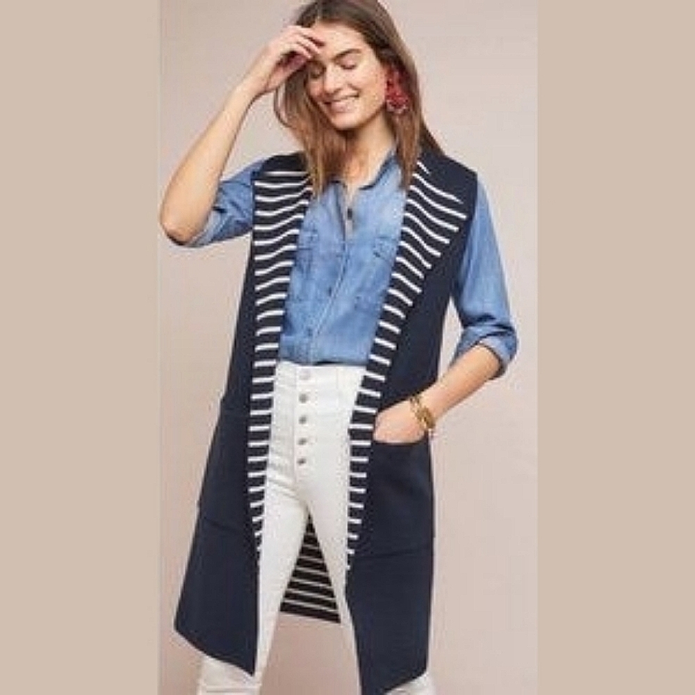 Anthropologie | Moth Pop Print Longline Sweater Vest in Navy & White Stripe, OS